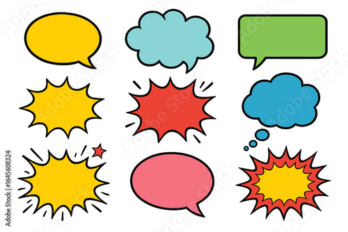 Set of colorful comic speech bubbles. Cartoon pop art style thought clouds and explosion burst shapes. Retro message and dialogue communication vector graphic elements. Pow, wow.
