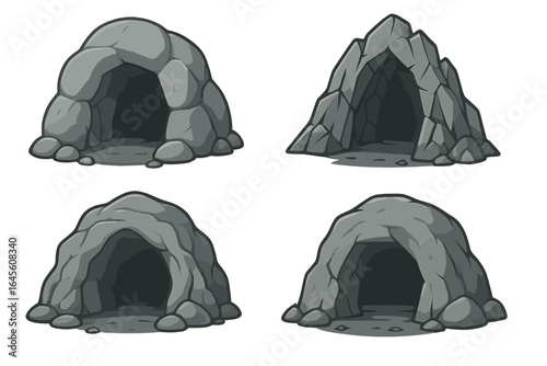 Cartoon cave entrance set. Vector illustration of various rock and stone grotto entries. Natural mountain cavern collection isolated for game assets or creative projects.