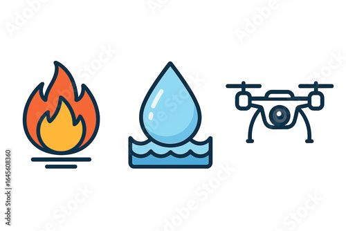 Emergency response icons representing fire, water, and aerial surveillance in disaster management. Vector cartoon illustration of fire, flood, and drone symbols for safety.