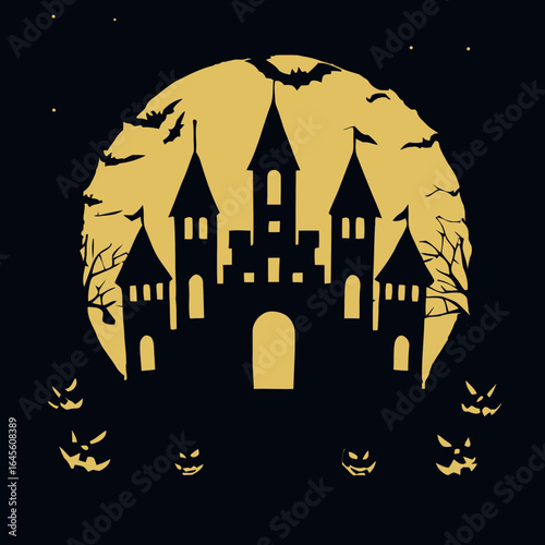 Spooky castle silhouette under a golden moon.
