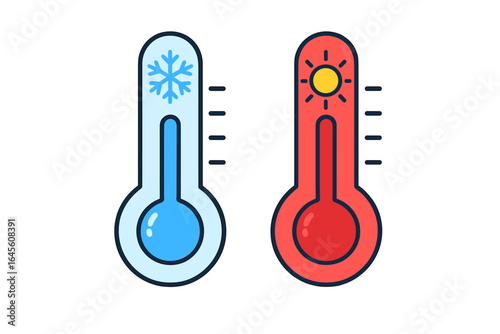 Thermometer icon set showing hot and cold temperature. Weather forecast symbol with sun and snowflake. Vector cartoon illustration for climate, season, summer, and winter concept.