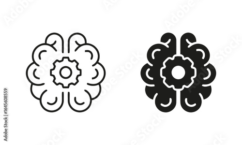 Two stylized brains with gears, symbolizing mental processing and innovation.
