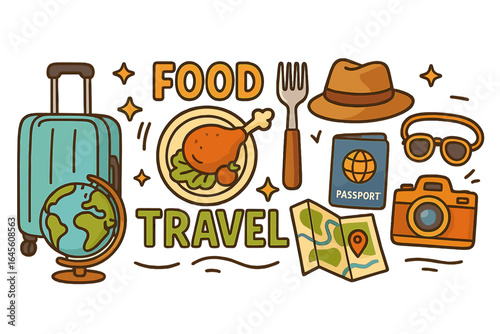 Food travel doodle illustration set. Culinary journey icons with suitcase, passport, map, camera, and globe. Gastronomy tourism concept for foodie wanderlust vector.