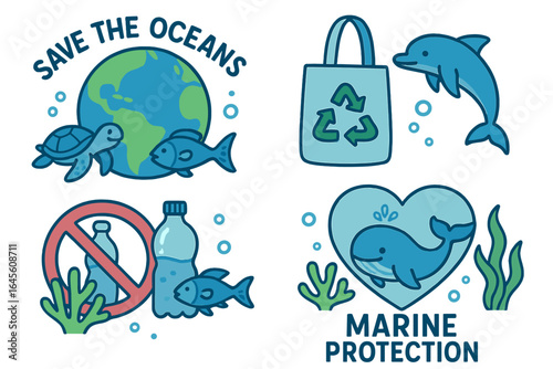 Marine protection icon set. Save the oceans concept with turtle, fish, whale, dolphin. No plastic pollution sign. Earth day. Ecology and sustainability vector cartoon.