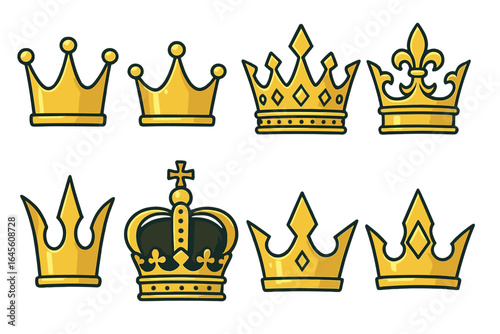 Golden crown set vector illustration. Royal king queen prince princess icon collection. Luxury heraldic monarchy symbol. Power authority nobility majestic design element. Gold.