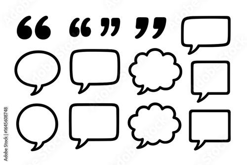 Various Styles of Black Quotation Marks and Speech Bubbles on White Background, Transparent Vector Cartoon Illustration Set, Communication and Dialogue Symbols, Ordered Collection