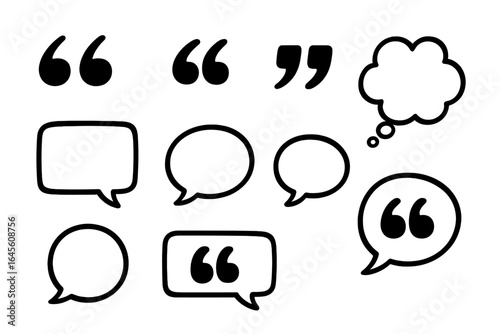 Various styles of black quotation marks and speech bubbles on transparent white background, vector cartoon illustration set for communication, dialogue, and chatting concepts