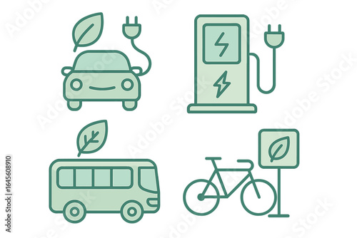 Electric vehicle icon set for sustainable transport. Eco friendly car, EV charging station, green bus, bicycle. Modern mobility and clean energy concept vector illustration.