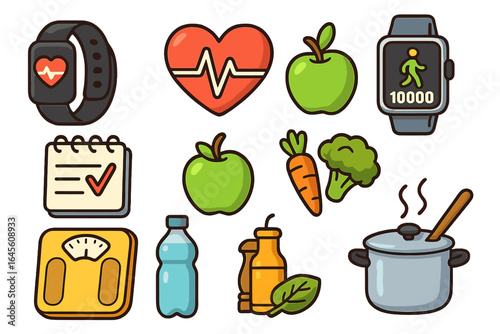 Health and wellness icon set for a healthy lifestyle. Concepts include fitness tracking, healthy food, cooking, diet, and sport. Vector icons of smartwatch, scale, and heart rate.
