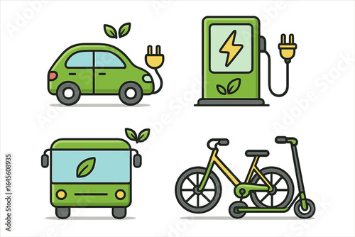 Electric vehicle sustainable transport icon set. Modern eco mobility solution. Green energy concept with electric car, bus, bicycle, scooter, and charging station vector illustration.
