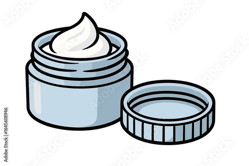 Skincare cream container with twist-off lid for cosmetic products. Vector cartoon illustration of an open jar with face moisturizer or body lotion on a white background.