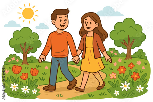 Happy young couple holding hands walking in a spring park. Man and woman on a romantic date outdoors. Nature landscape with flowers, trees and sun. Vector cartoon illustration.
