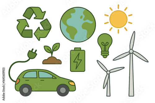 Eco friendly icons set. Green energy and sustainability concept. Renewable resources like wind turbines, solar power, electric car. Ecology and environment conservation.