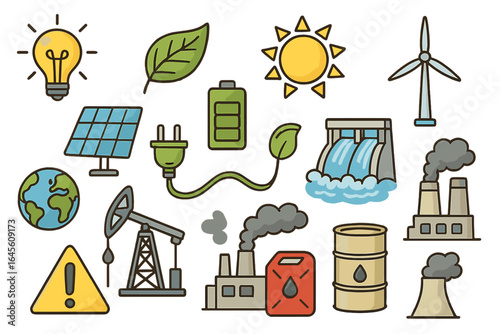 Energy sources icon set. Green renewable energy like solar panels, wind turbines, and hydro power vs fossil fuel pollution from the oil industry and factories. Ecology concept.
