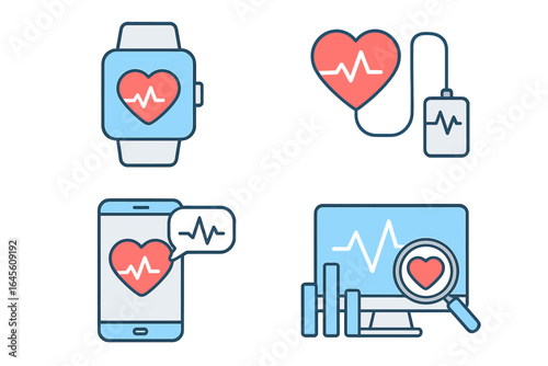 Health technology icon set. Heart health monitoring, cardiology diagnostics, medical data analysis. Smartwatch, phone app, ECG device. Vector icons for telemedicine, e-health.