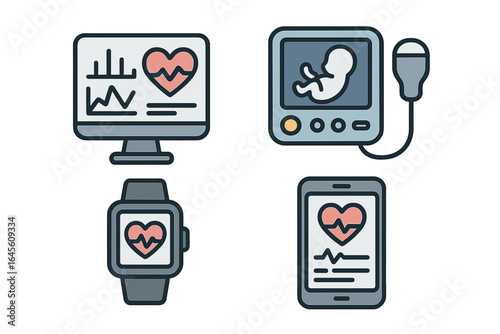 Health technology icon set. Medical device illustrations for digital health innovation. ECG monitor, heart rate analysis, ultrasound with fetus, wearable smartwatch, mobile health app.