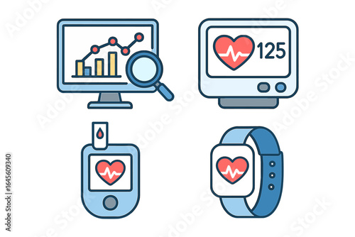 Healthtech icon set. Digital health, medical device, data analysis, vital signs monitor, glucometer, smartwatch. Healthcare technology vector for telemedicine, eHealth, cardiology.