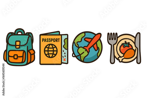 Travel icon set. Vacation essentials concept. Backpack for adventure, passport for documentation, airplane over globe for world journey, and food for culinary tour.