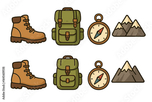 Hiking gear icon set for outdoor adventure and travel. Vector cartoon illustration of trekking equipment including boot, backpack, compass, and mountain symbols.