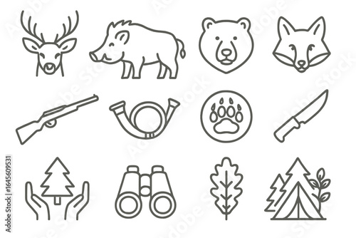 Wildlife symbols representing forest animals, hunting tools, nature conservation and camping icons, simple linear vector design, cartoon style, transparent background