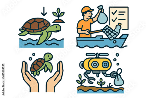 Marine conservation icon set. Sea turtle protection, ocean plastic pollution cleanup, and underwater robotics. Environmental care and technology concepts. Vector cartoon icons.