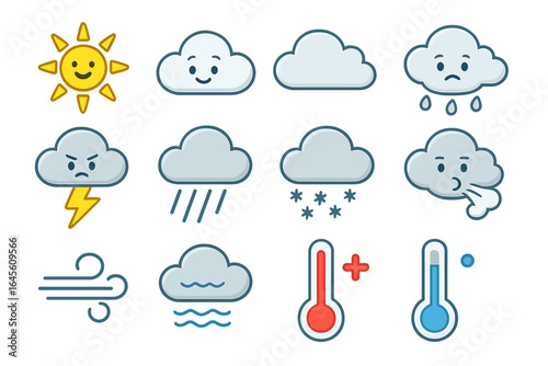 Weather symbols collection displaying diverse atmospheric conditions and temperature indicators, colorful vector cartoon illustration on transparent background, ordered set of climate icons