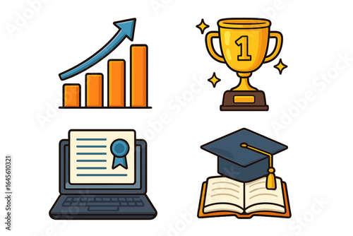 Education icon set for e-learning and success. Vector icons of graduation cap, trophy, growth chart, and online certificate. Concept for achievement, progress, and study.