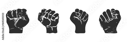 Silhouette fists raised in protest, symbolizing social change.