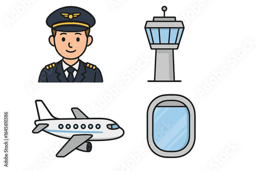 Aviation icon set with pilot, airplane, control tower, and window. Vector cartoon illustration for travel, airport, and airline concepts. Flat design elements collection.