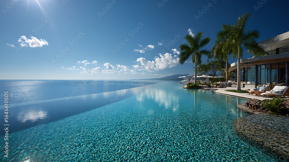 Fototapeta premium The infinity pool seamlessly merging with the ocean horizon under a cloudless azure sky (1)