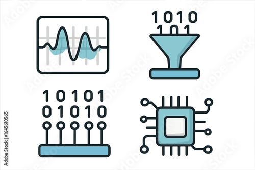 Tech icon set. Digital signal processing. Data filtering funnel with binary code. Digital to analog conversion. Computer CPU microprocessor. Data science electronic systems.