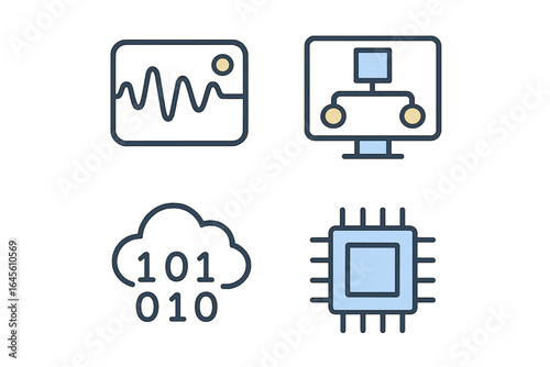 Technology and data science vector icon set. Featuring digital signal graph, computer flowchart, cloud computing with binary code, and electronic CPU processor microchip.
