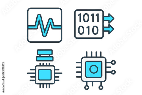 Technology icon set showing digital signals, data processing, electronic systems. Includes CPU, microchip, binary code, and waveform symbols for modern user interface design.