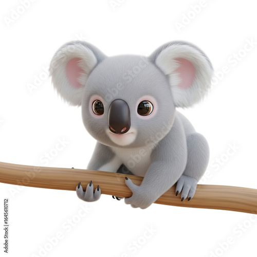 Cute cartoon koala clinging to a wooden branch isolated on a transparent background animal marsupial 1