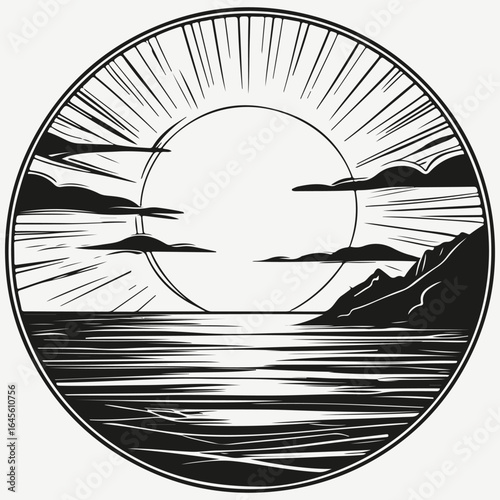Sundown over the sea sketch illustration vector