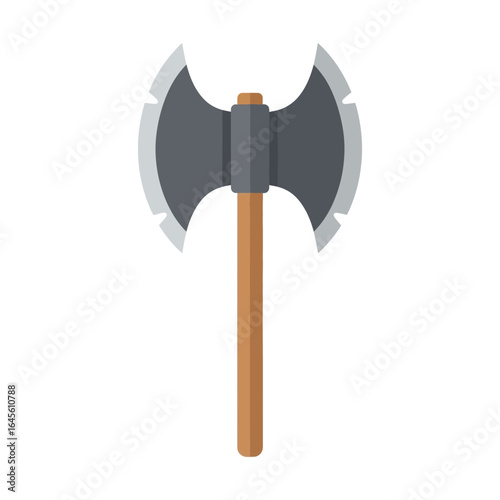A double-bladed axe with a wooden handle is shown.