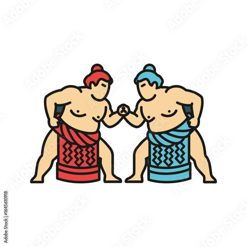 Two sumo wrestlers face each other gripping arms ready to compete.