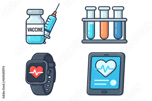 Medical icon set with vaccine, test tubes, smartwatch health monitor, and tablet ECG app. Vector illustration for healthcare technology, telemedicine, and scientific research.