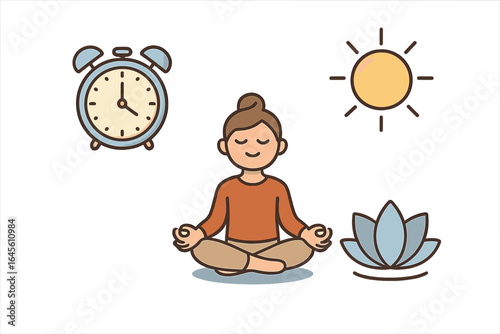 Mindfulness and meditation vector concept. Woman in lotus pose doing yoga for mental health and wellness. Set of icons with clock, sun, and lotus for balance and calm.