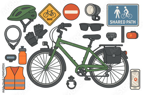 Cycling safety equipment and bike commuter accessories set. Urban bicycle collection with helmet, lights, lock, phone GPS, and road signs for city riding. Vector icon pack.