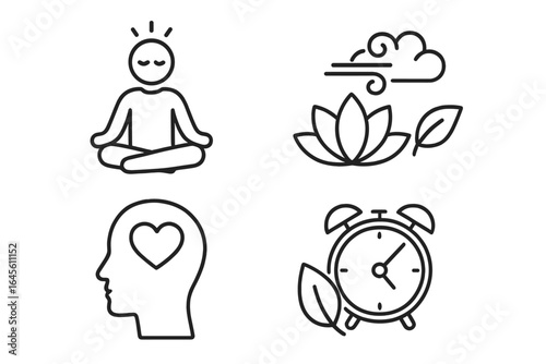Mindfulness and time management icon set. Vector line art of meditation, yoga, calm breathing, self-love, mental health, productivity, and well-being concepts.