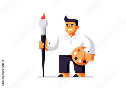 Cartoon Artist Holding Brush and Palette with Paint