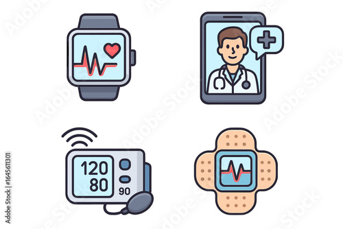 Healthcare technology icons for telehealth and remote medical monitoring. Vector set with smartwatch, online doctor, blood pressure meter, and health sensor patch illustration.