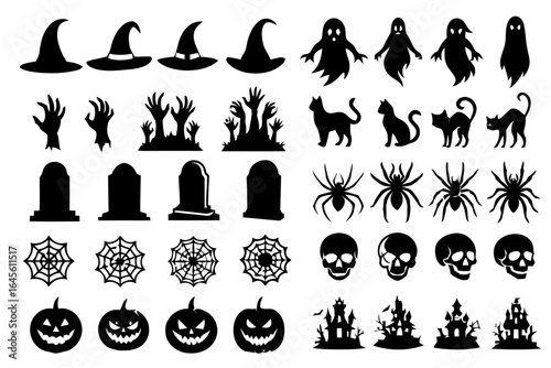 Black silhouettes of Halloween symbols on white background.
