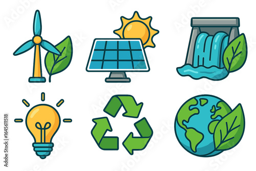Set of renewable energy icons. Sustainability and eco-friendly solutions concept. Green power, solar panel, wind turbine, hydro dam, recycling symbol. Vector illustration.