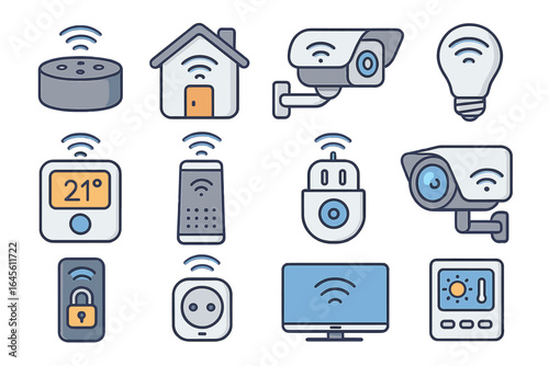 Smart home automation icon set. Vector illustration of internet of things devices. Wireless technology, security camera, smart speaker, thermostat, and remote control icons.
