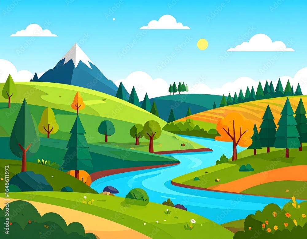 Fototapeta premium Colorful Landscape Painting Featuring a River, Mountains, and Vibrant Greenery in a Serene Setting