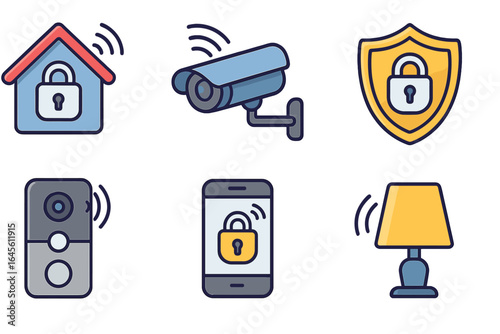 Smart home technology icon set. Home automation system with security camera, smart lighting, and mobile app control. Vector illustration for modern living and protection.
