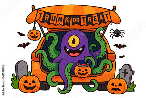 Cute purple monster with one eye and big smile sits on Halloween themed candy stand, holding pumpkin shaped bucket, surrounded by pumpkins, bats, and spider, celebrating trick or treat night