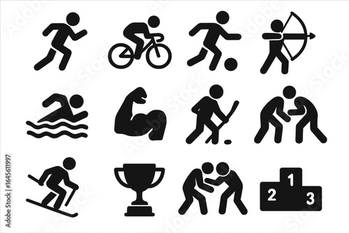 Sports icons collection. Vector pictogram set of running, cycling, soccer, archery, swimming, hockey, wrestling, skiing. Fitness, bodybuilding, trophy, podium symbols.